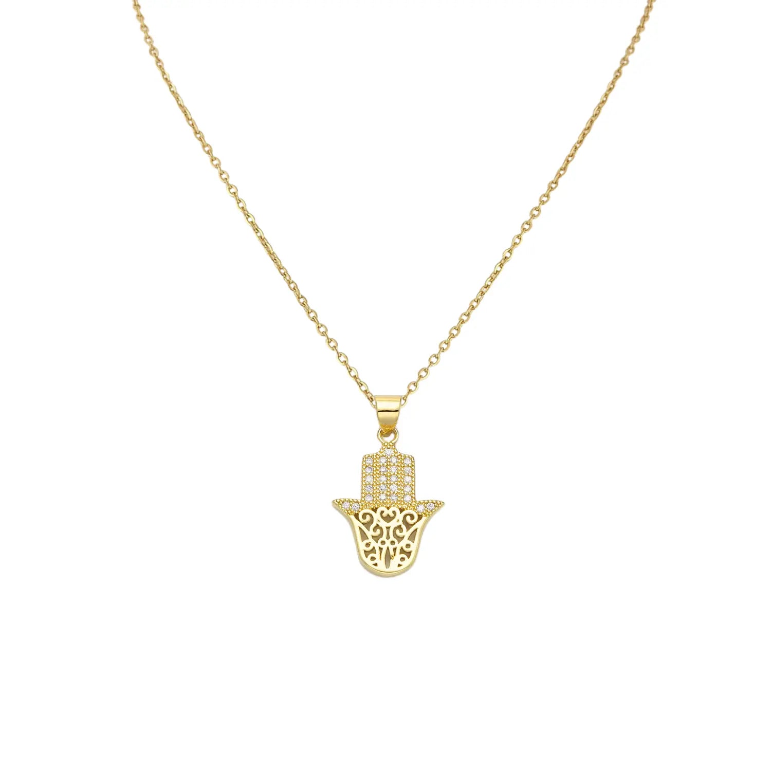 Dainty Hamsa Micro Pave Charm Necklace - 24k Gold Filled Brass or White Gold Filled Brass with Crystal Cubic Zirconia