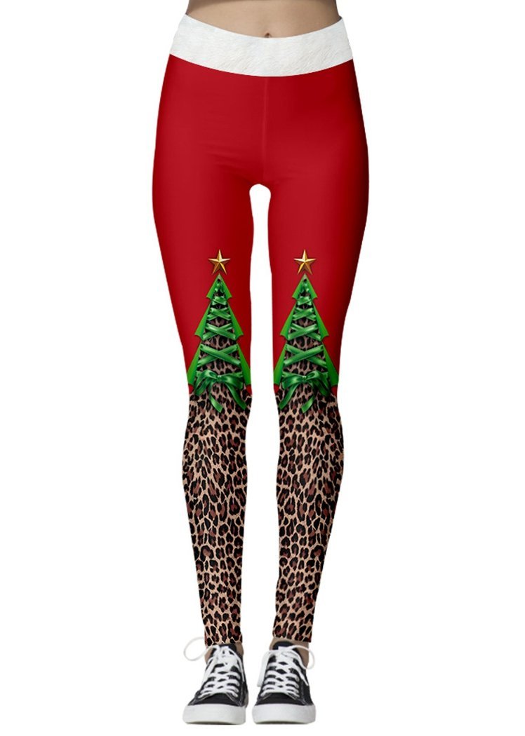 Fashion Christmas Tree Leopard Print Ankle Length Leggings for Women
