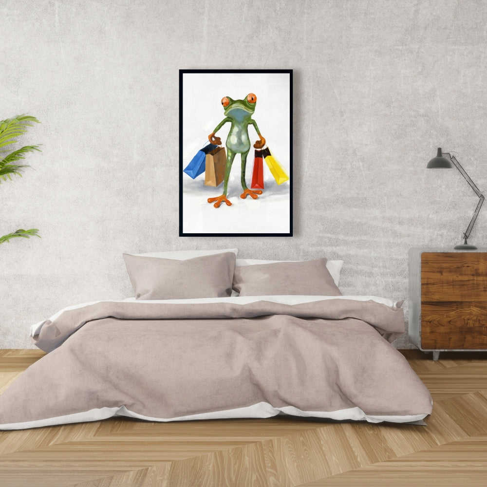 Funny Frog With Shopping Bags - Fine Art Gallery Wrapped Canvas 24x36