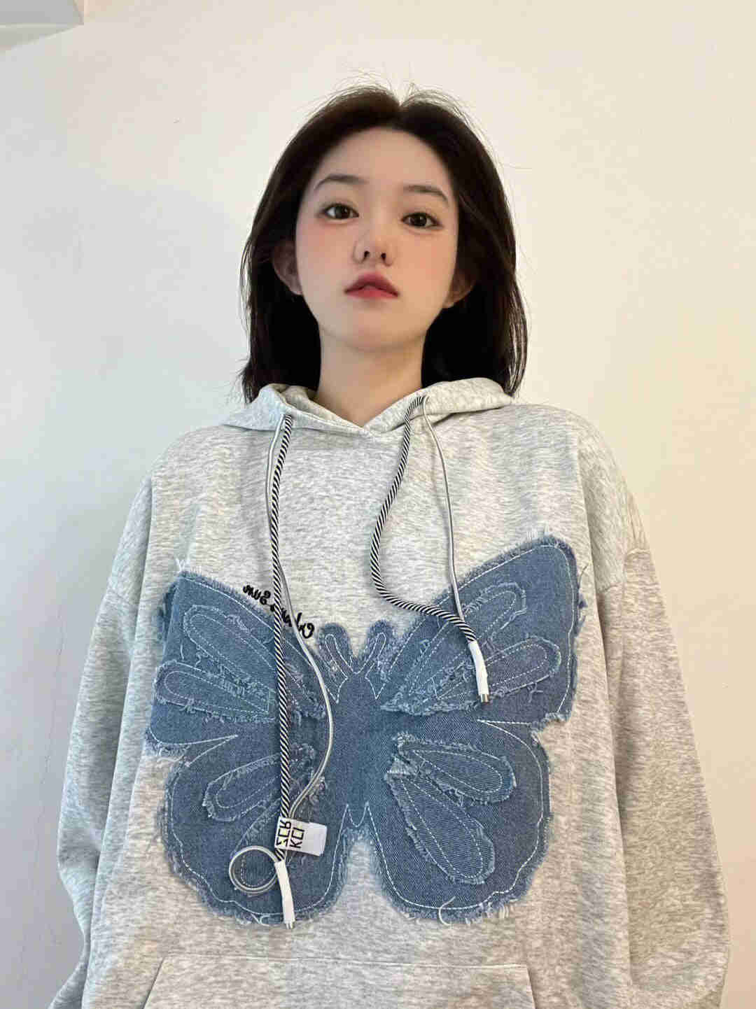Trizchlor Denim Butterfly Patchwork Oversized Hoodie for Women - Streetwear Hip Hop Casual Long Sleeve Pullover