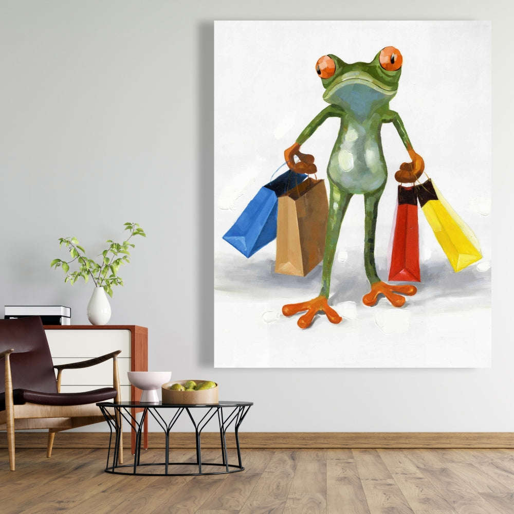 Funny Frog With Shopping Bags - Fine Art Gallery Wrapped Canvas 24x36
