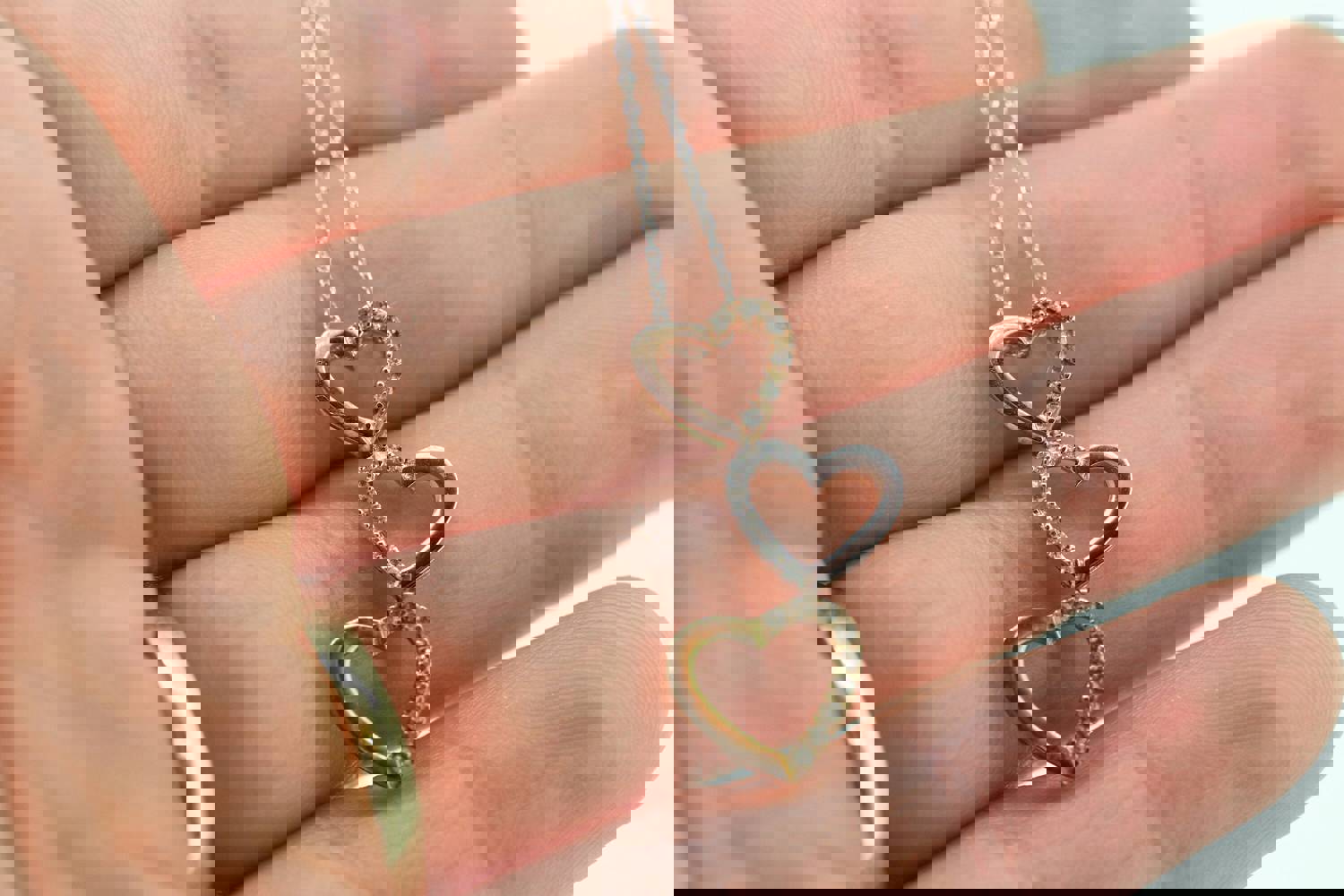 10K Tricolor Triple Open Heart Diamond Pendant with 18in Necklace