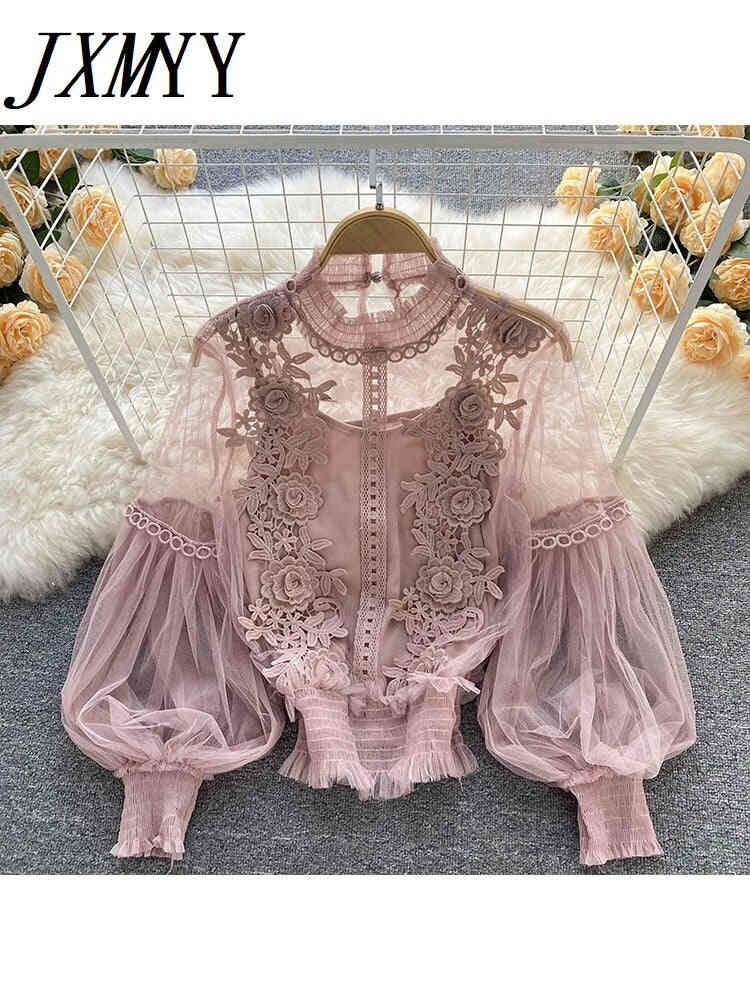 imCharms Design Niche Three-Dimensional Flower Collage Lantern Sleeves Slim Short Top Womens Lace Bottoming Shirt