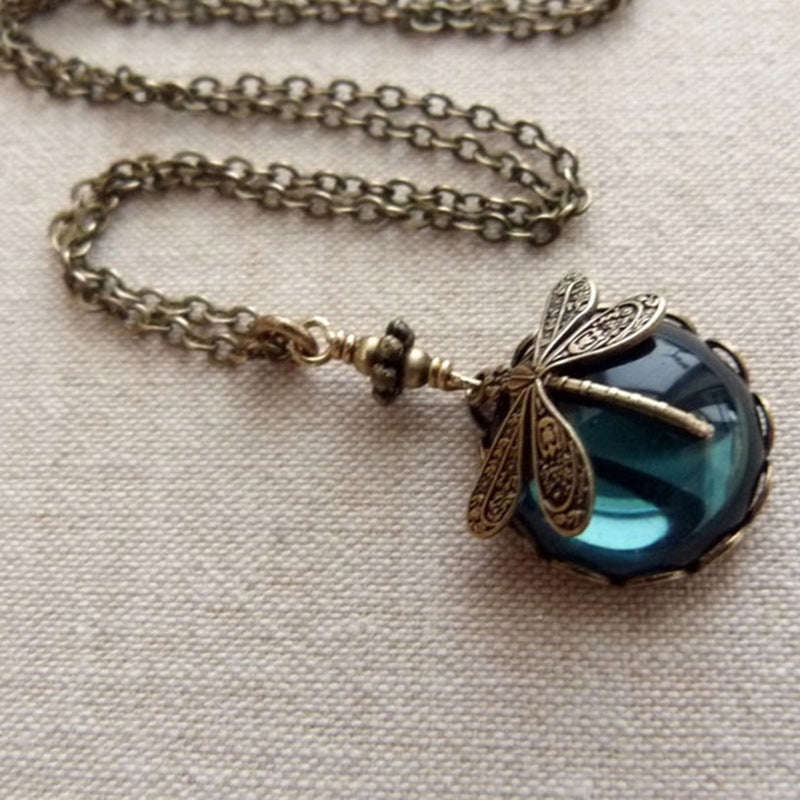 Vintage Dragonfly Green Crystal Lady's Pendant Necklace - Bohemian Fashion Jewelry