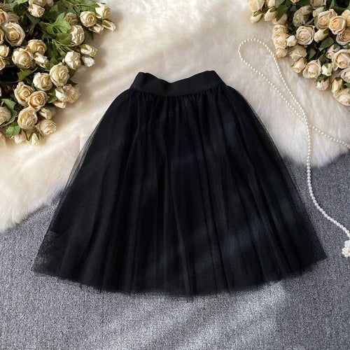 Nukty Sweet Women Mini Skirt Mesh Solid Tiered Ruffles Elastic Waist A-line Tulle Skirt