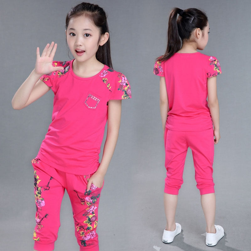Girls Summer Sports Outfit - Cotton Short Sleeve T-shirt and Pants 2Pcs Set (Ages 4-13)