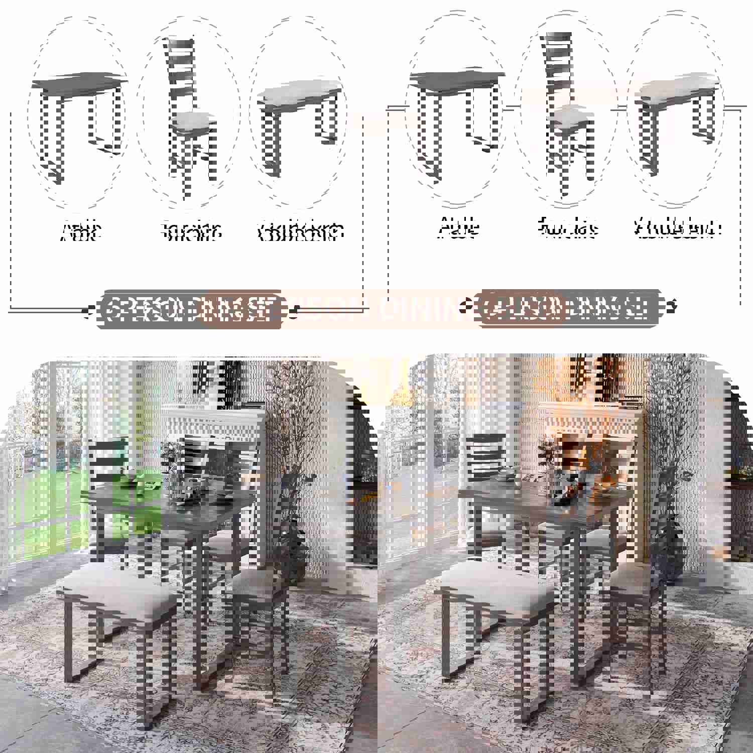 6-Pieces Solid Wood Dining Room Set with Rectangular Table, 4 Chairs, and Bench