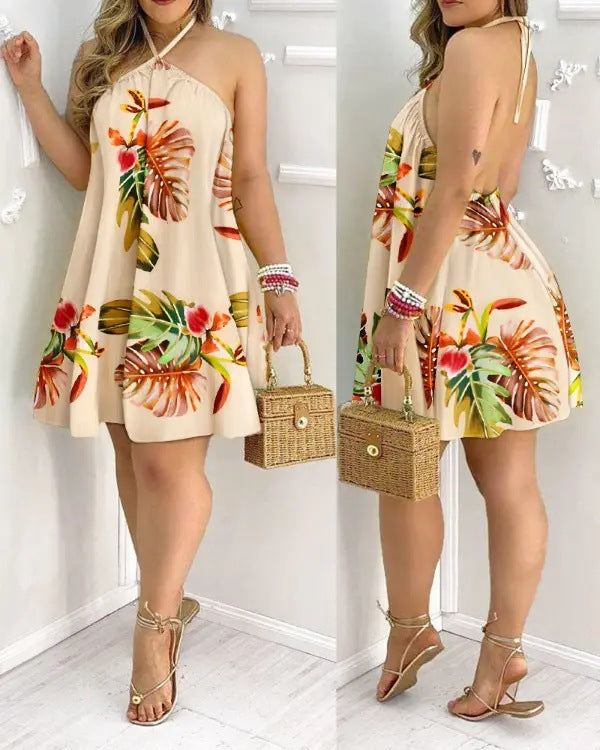 Elegant Off Shoulder Halter Neck Lace Loose Dress for Women