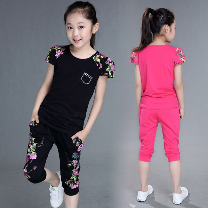 Girls Summer Sports Outfit - Cotton Short Sleeve T-shirt and Pants 2Pcs Set (Ages 4-13)