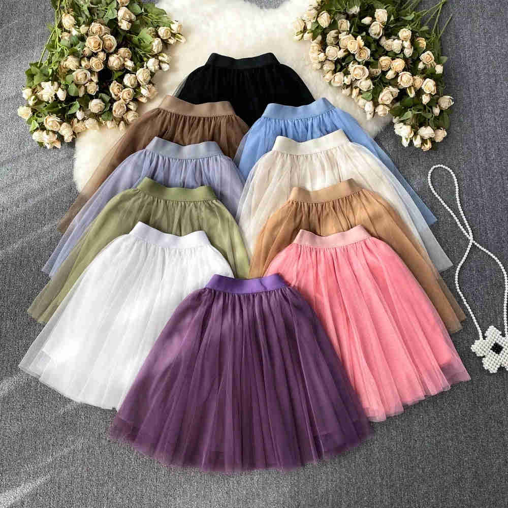 Nukty Sweet Women Mini Skirt Mesh Solid Tiered Ruffles Elastic Waist A-line Tulle Skirt