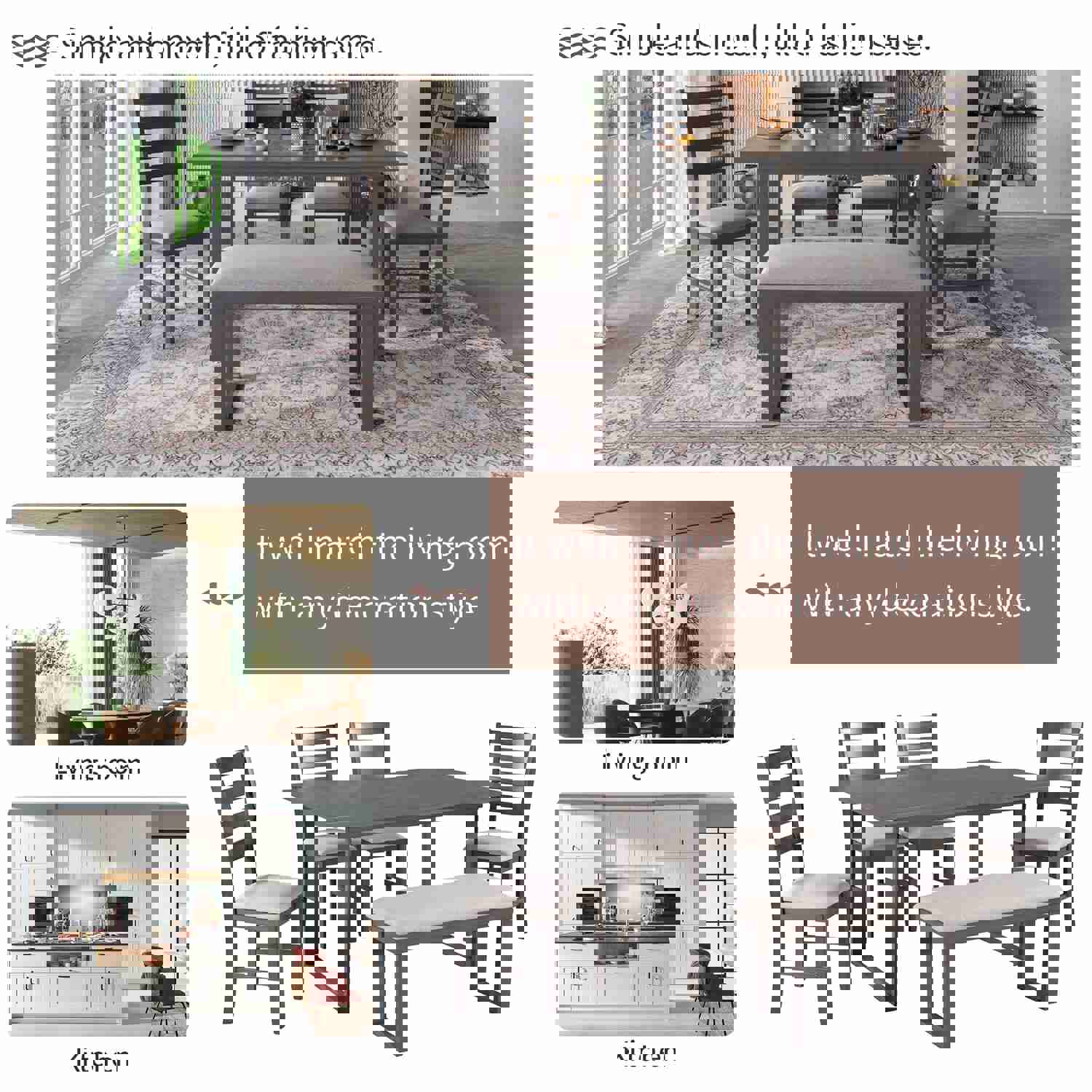 6-Pieces Solid Wood Dining Room Set with Rectangular Table, 4 Chairs, and Bench