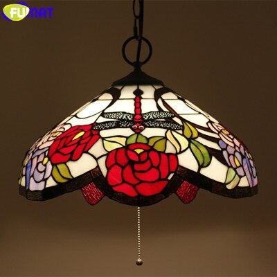 FUMAT Pink Rose Dragonfly Pendant Lamp - 16 Inches Tiffany Style Stained Glass LED Hanging Light