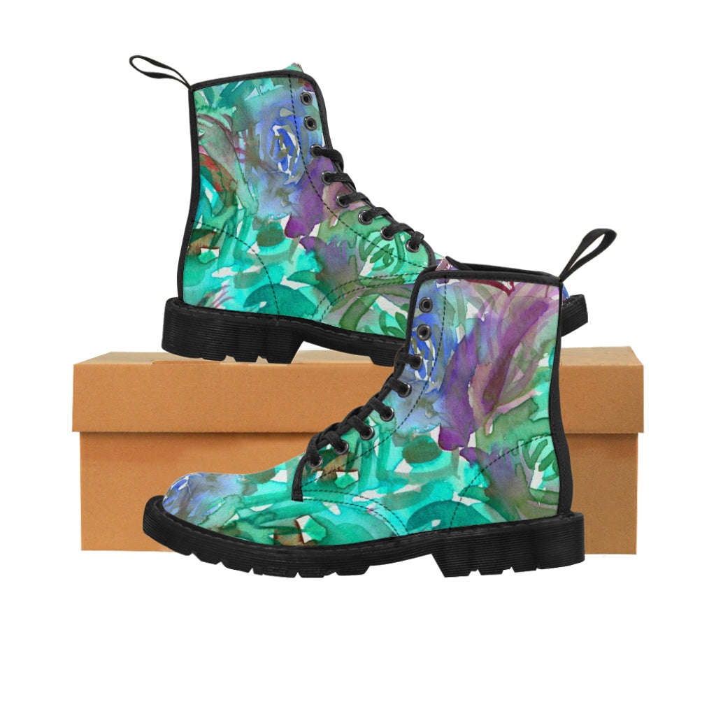 Blue Purple Floral Women's Boots - Vintage Style Combat Hiking Boots