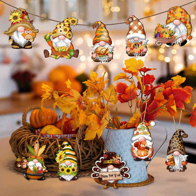 24pcs Autumn Thanksgiving Dwarf Wooden Hanging Ornament - Festive Home Decoration for Fall Decor and Holiday Parties
