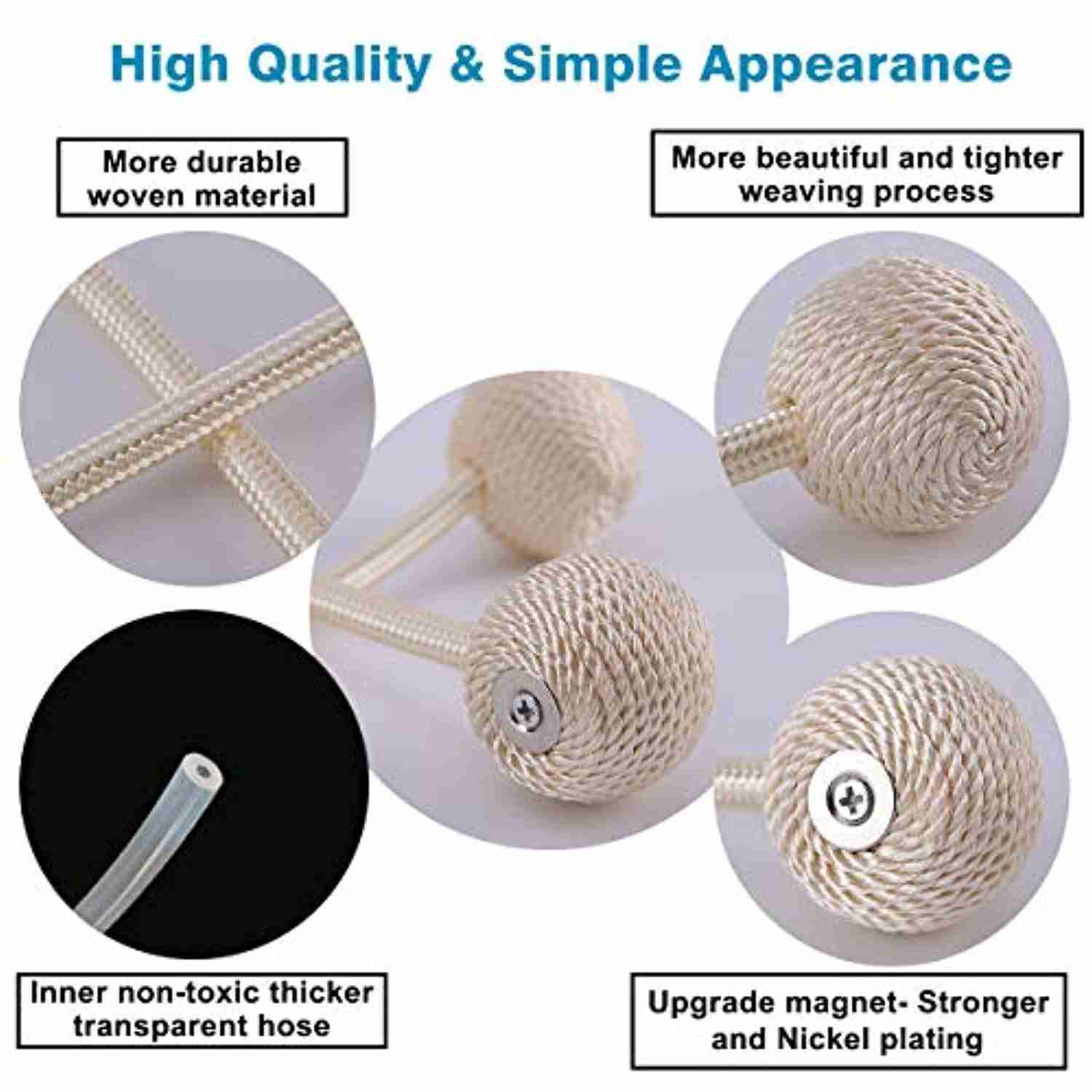 NZQXJXZ Magnetic Curtain Tiebacks - Decorative Weave Rope Clips for Window Panels (Pack of 6, Beige)
