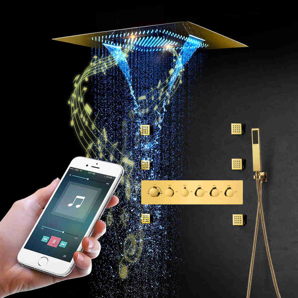 MALDIVES | Gold 31 Inch Luxury Complete LED Music Shower Set with 6 Body Jets & Hand Shower