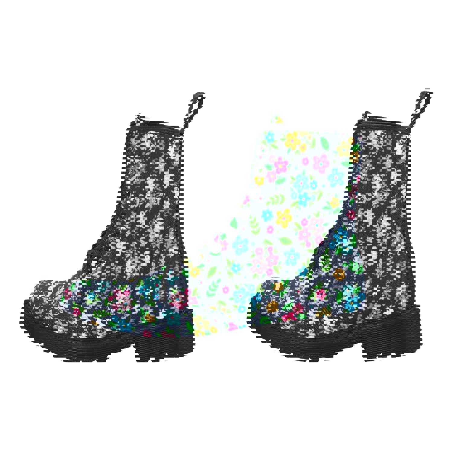 Cute Flowers Women's Boots - Colorful Watercolor Floral Vegan Canvas Lace Up Shoes
