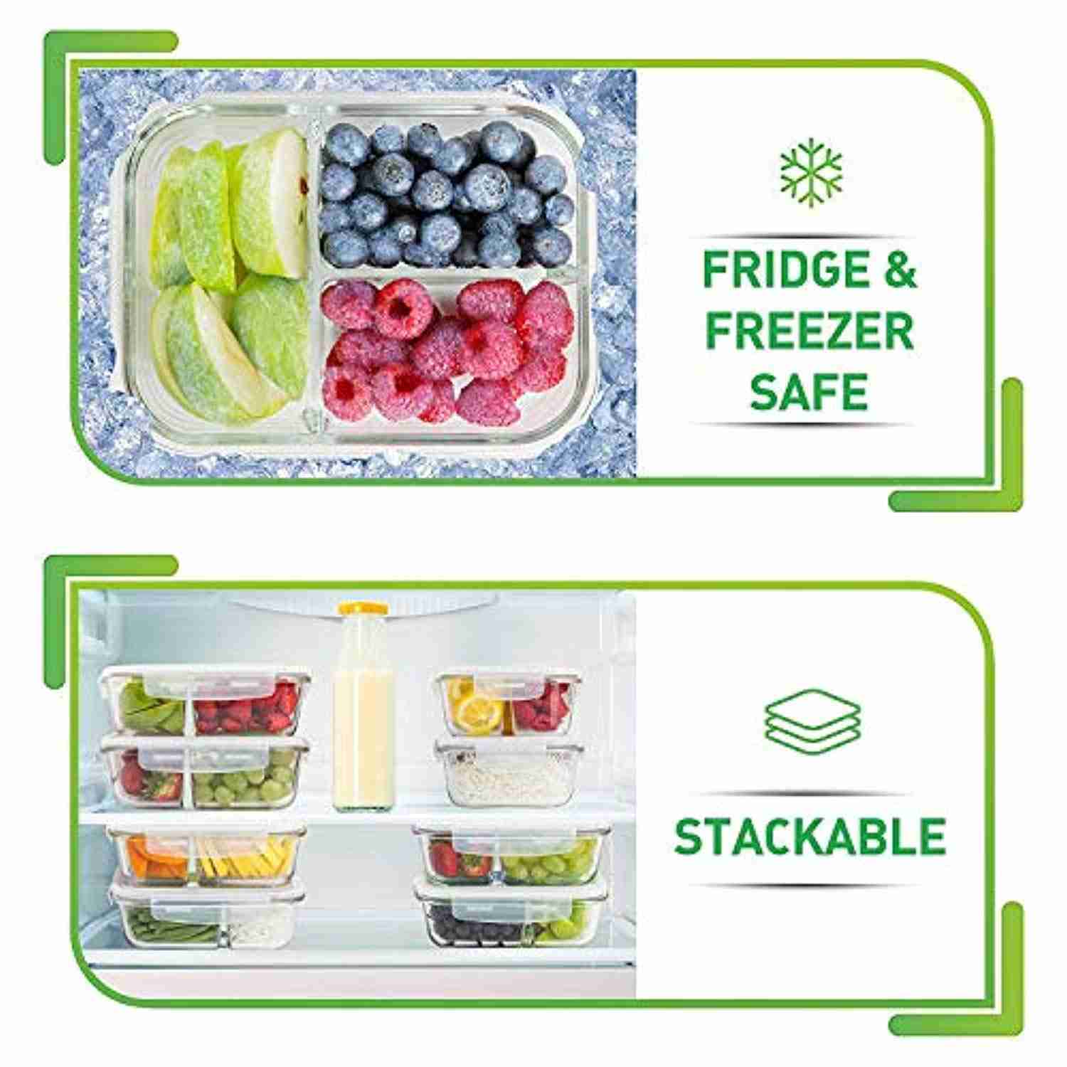 Glass Meal Prep Containers 3 Compartment - Durable Bento Box with Airtight Lids