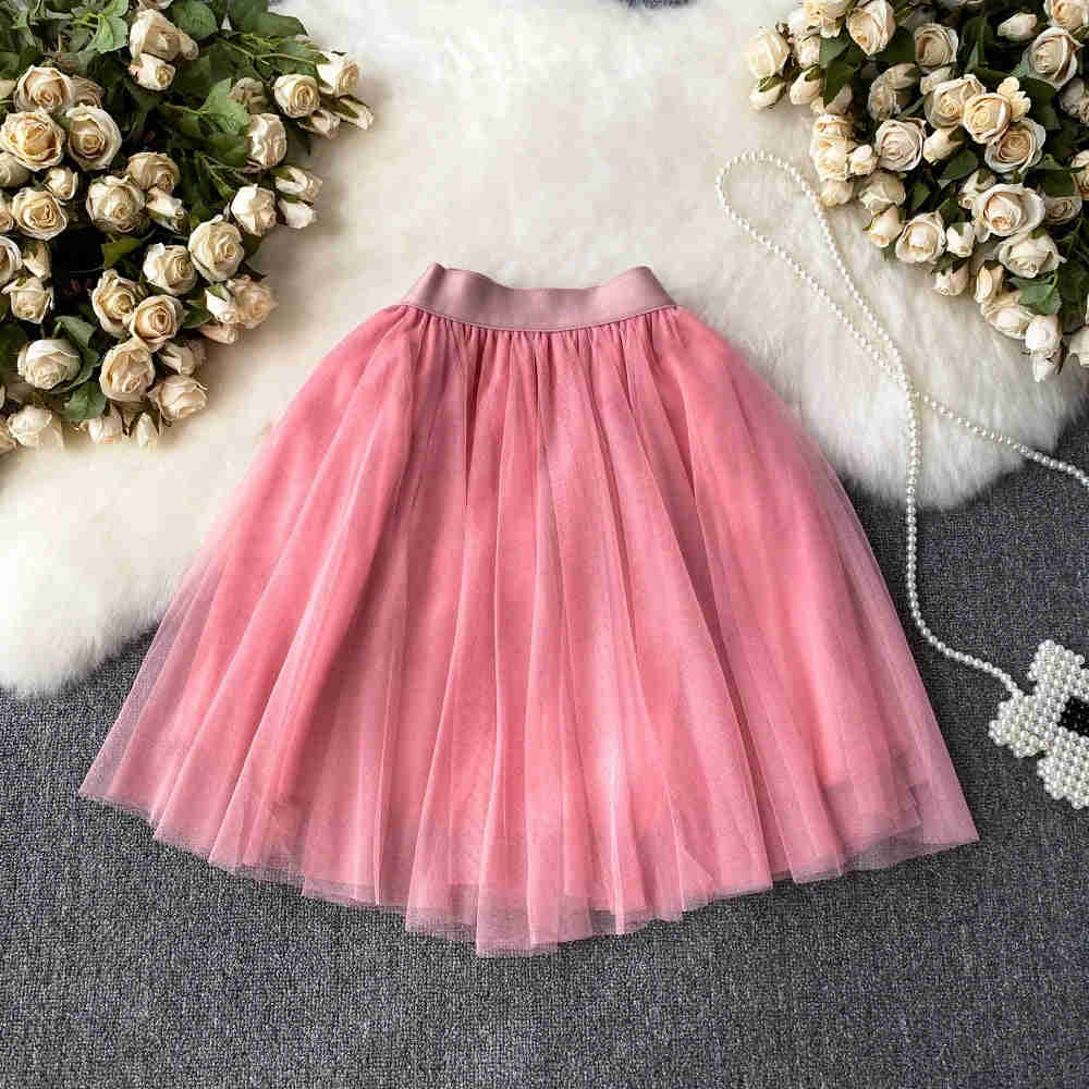 Nukty Sweet Women Mini Skirt Mesh Solid Tiered Ruffles Elastic Waist A-line Tulle Skirt