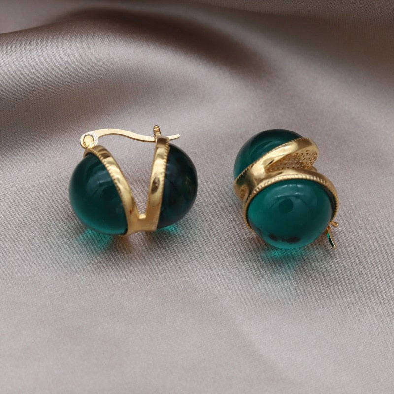 Korean Design 14K Gold Plated Round Glass Hoop Earrings for Women