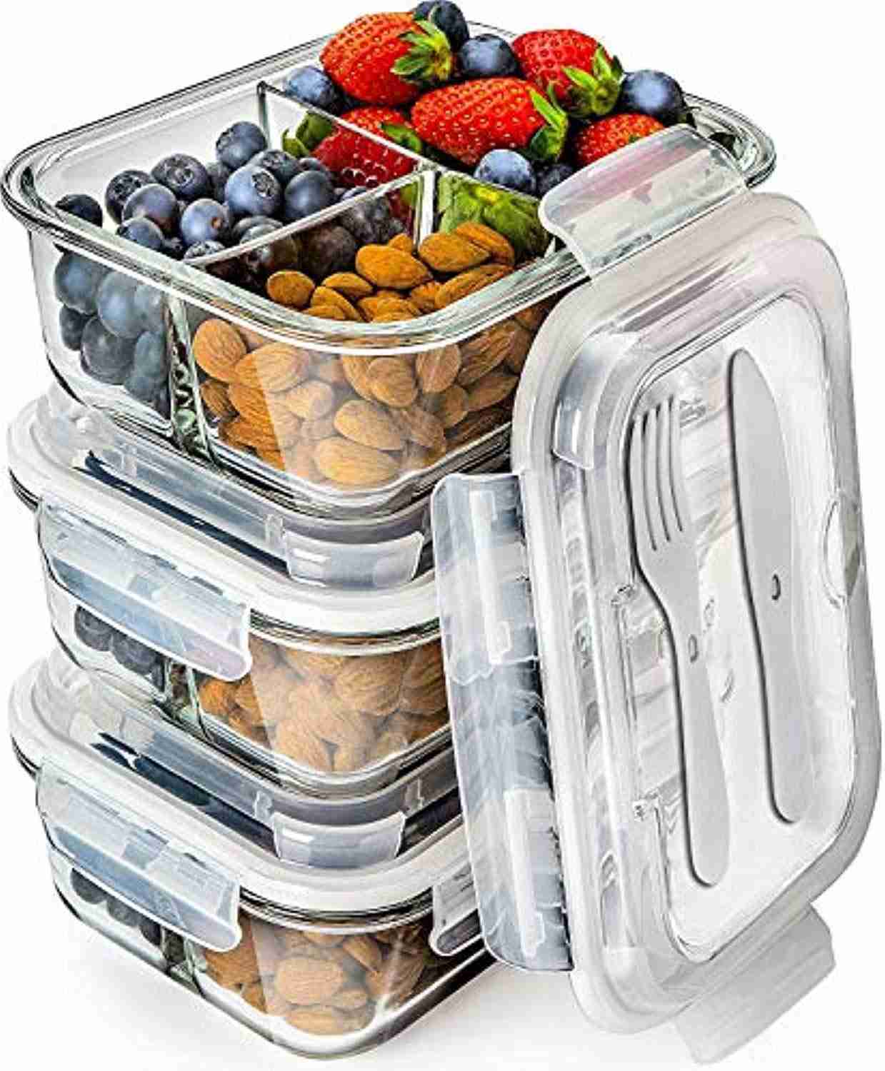 Glass Meal Prep Containers 3 Compartment - Durable Bento Box with Airtight Lids