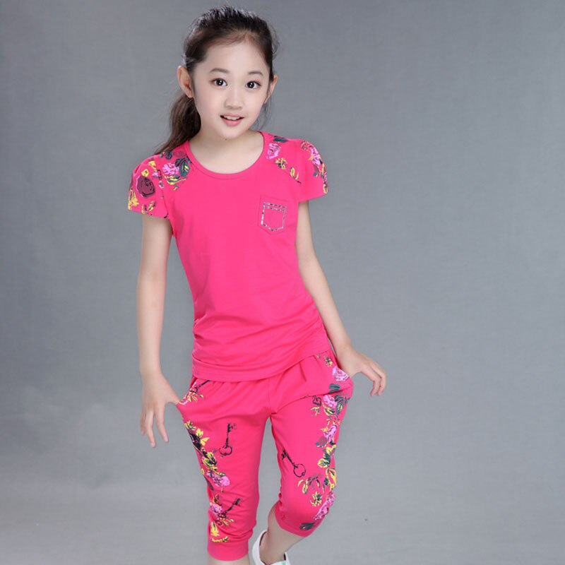 Girls Summer Sports Outfit - Cotton Short Sleeve T-shirt and Pants 2Pcs Set (Ages 4-13)