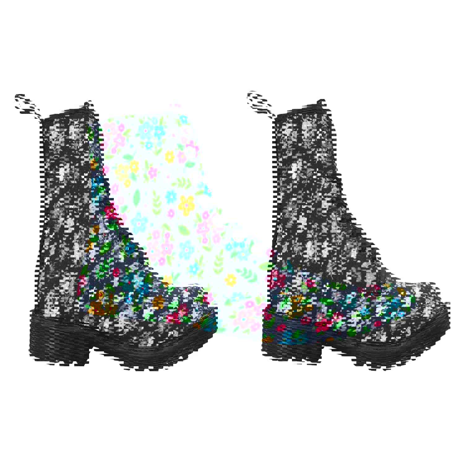 Cute Flowers Women's Boots - Colorful Watercolor Floral Vegan Canvas Lace Up Shoes
