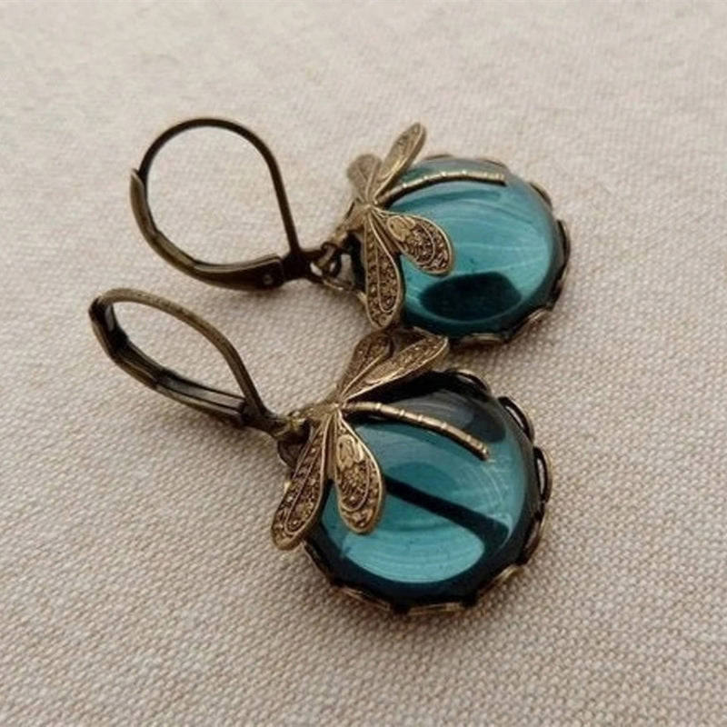 Vintage Dragonfly Pendant Earrings with Blue Moonstone - Boho Chakra Jewelry for Women