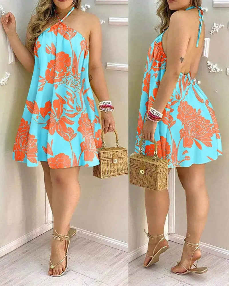 Elegant Off Shoulder Halter Neck Lace Loose Dress for Women