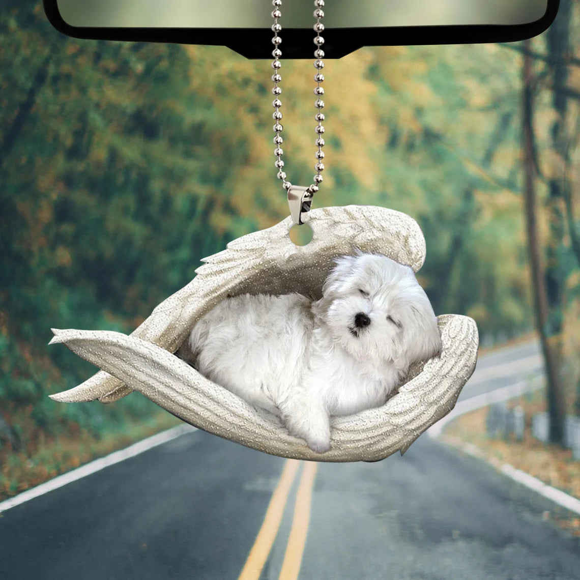 Maltese Sleeping Angel Wing - Memorial Dog Lover Car Mirror Charm