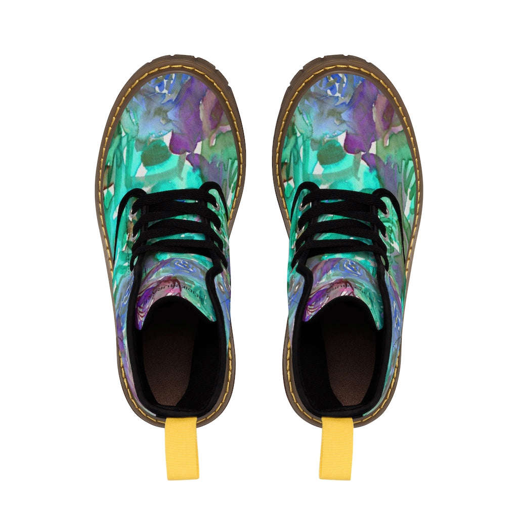 Blue Purple Floral Women's Boots - Vintage Style Combat Hiking Boots