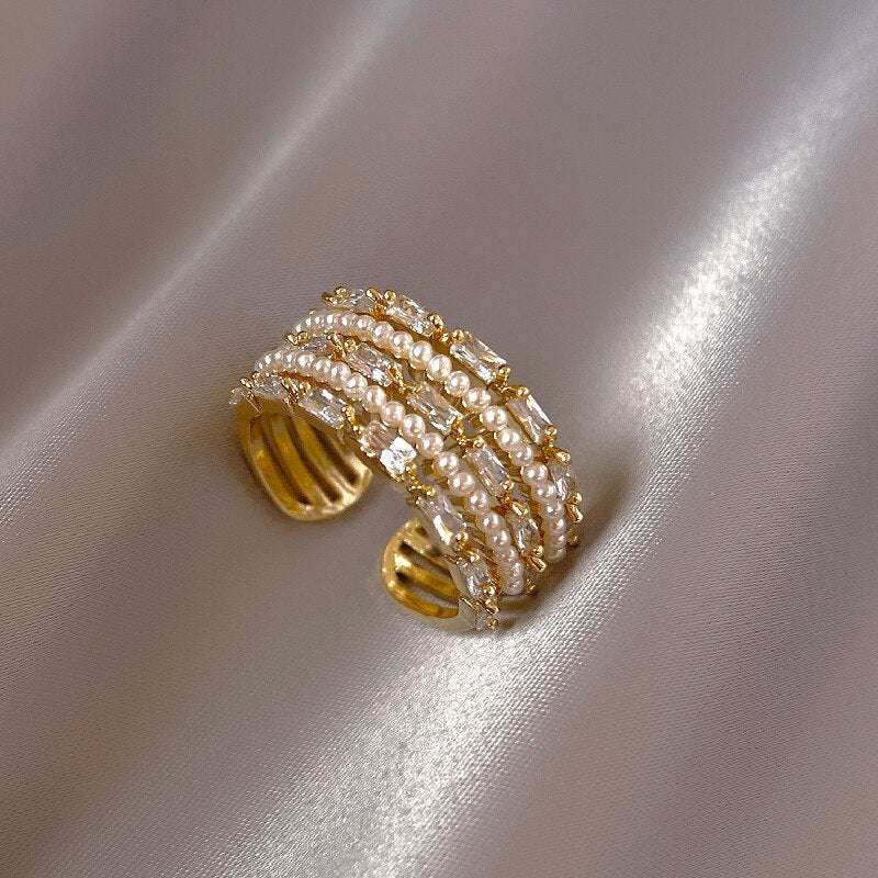 Elegant Multilayer Zircon Pearl Rings for Women - Adjustable Trendy Jewelry