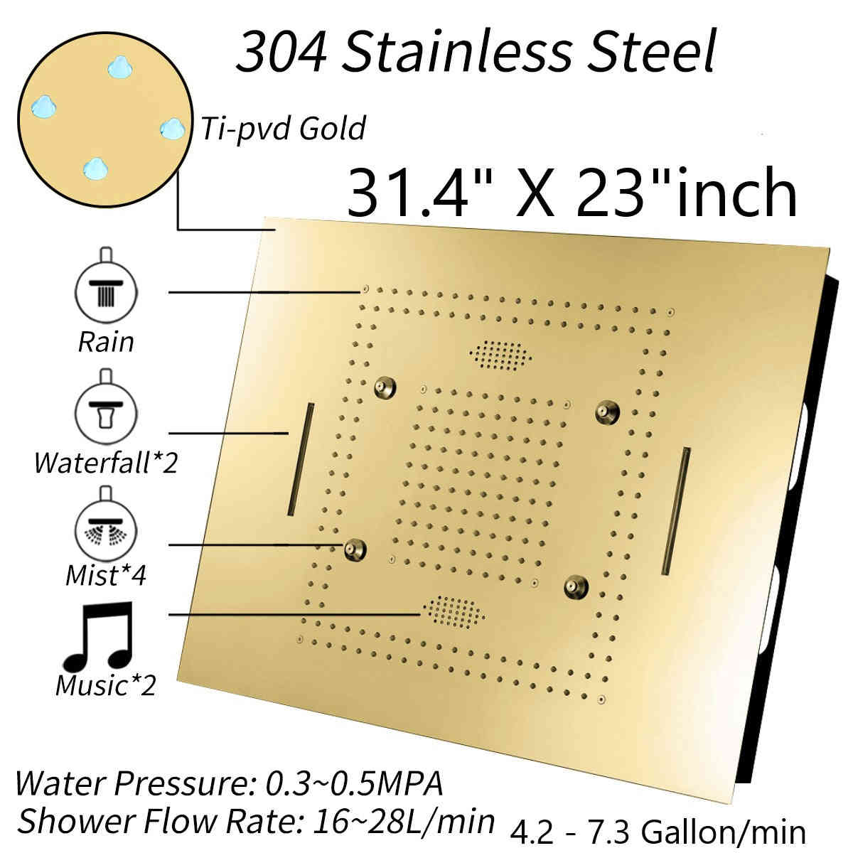 MALDIVES | Gold 31 Inch Luxury Complete LED Music Shower Set with 6 Body Jets & Hand Shower