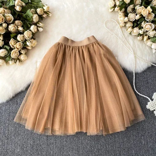 Nukty Sweet Women Mini Skirt Mesh Solid Tiered Ruffles Elastic Waist A-line Tulle Skirt
