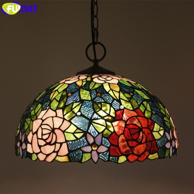 FUMAT Pink Rose Dragonfly Pendant Lamp - 16 Inches Tiffany Style Stained Glass LED Hanging Light