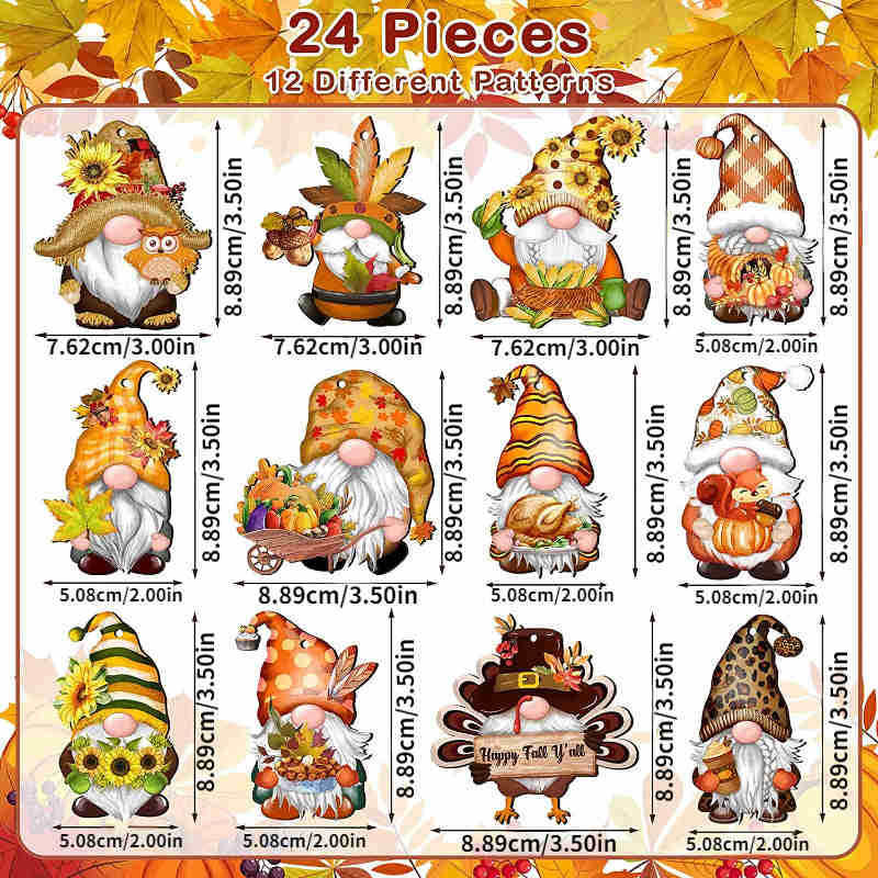 24pcs Autumn Thanksgiving Dwarf Wooden Hanging Ornament - Festive Home Decoration for Fall Decor and Holiday Parties