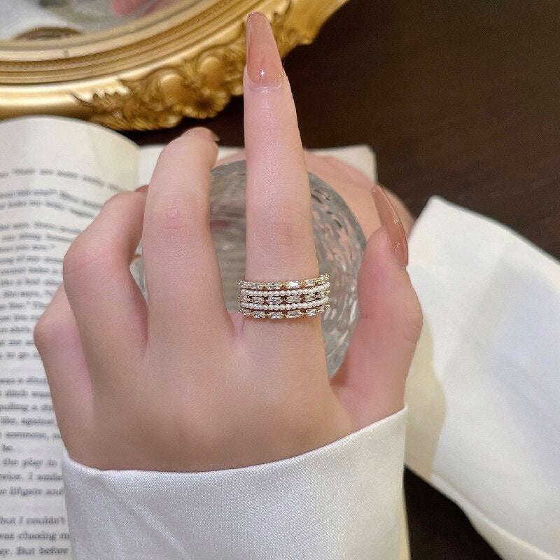 Elegant Multilayer Zircon Pearl Rings for Women - Adjustable Trendy Jewelry