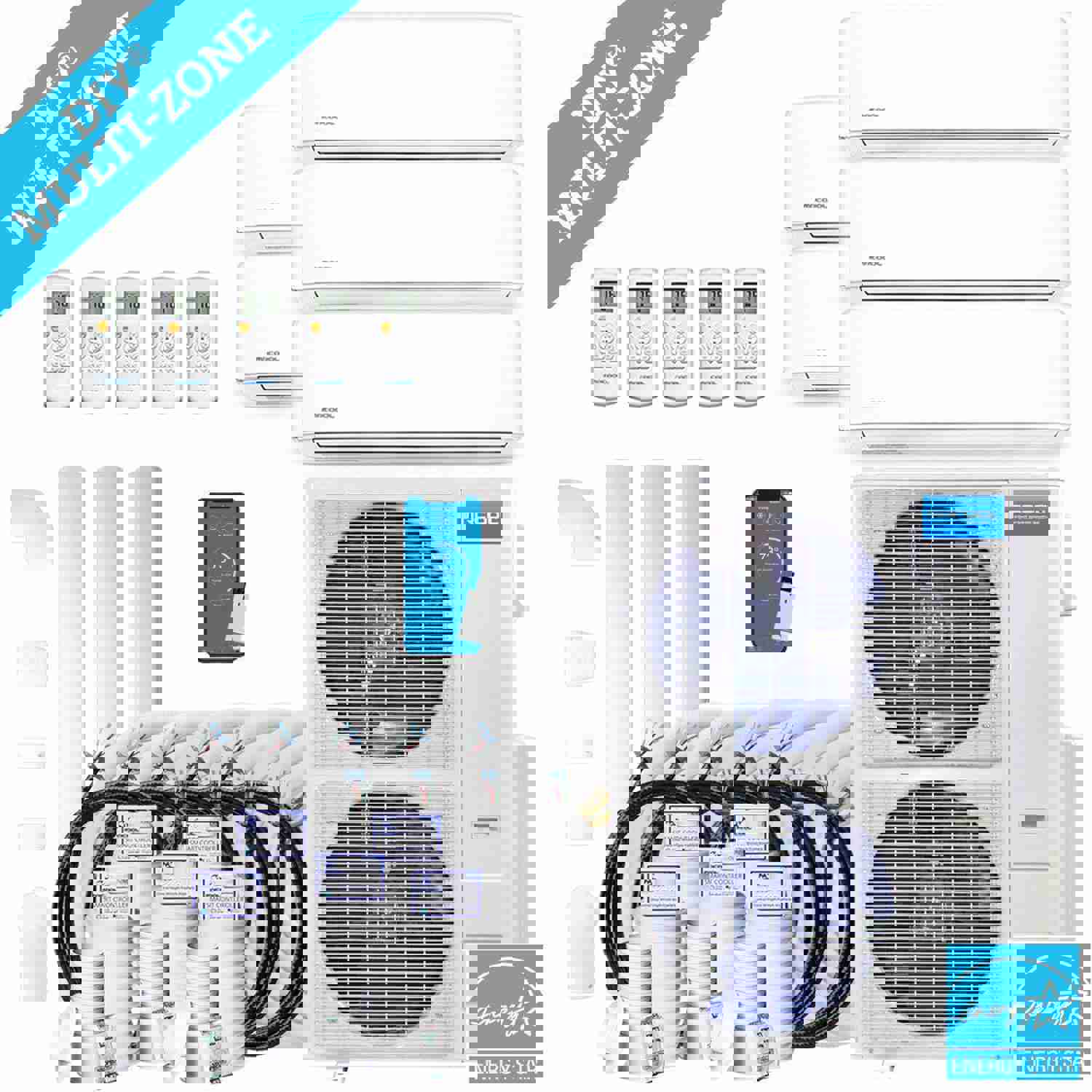 MRCOOL DIY 4th Gen 48K BTU 5-Zone Condenser with 5 x 9K BTU Handlers and Linesets Bundle