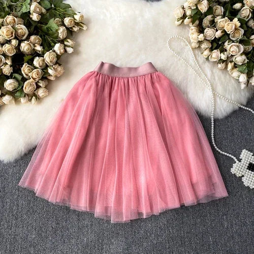 Nukty Sweet Women Mini Skirt Mesh Solid Tiered Ruffles Elastic Waist A-line Tulle Skirt