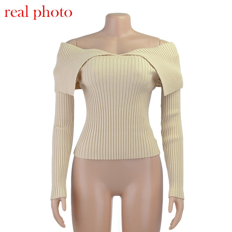 Cryptographic Chic Off Shoulder Ribbed Knit Women's Top - Long Sleeve Cropped Streetwear