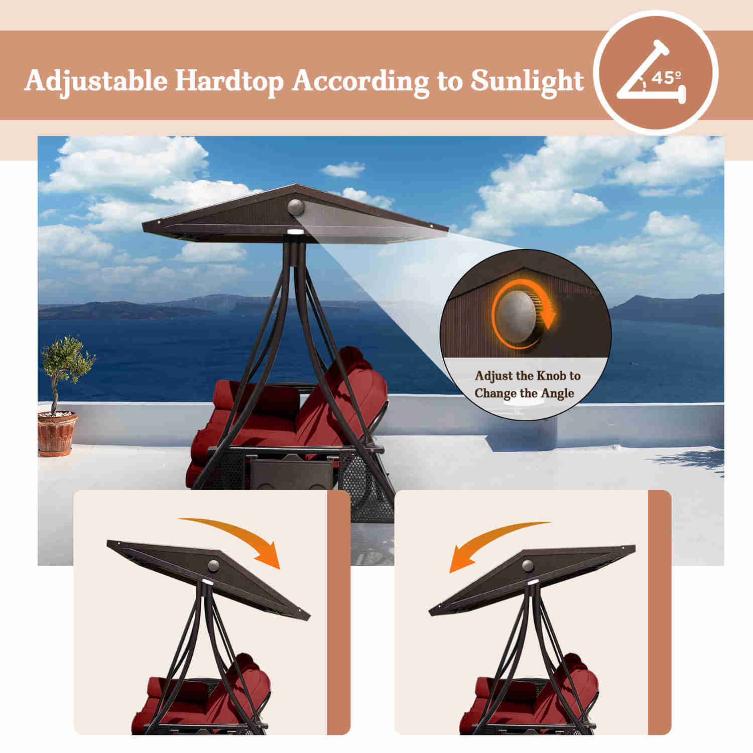 Patio Porch Swings with Adjustable PC Canopy, 3 Cushions, 2 Foldable Cup Holders & 4 Pillows, Wine Red