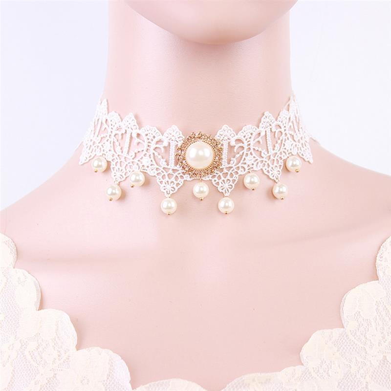 1pc Romantic Women Choker Vintage Fake Pearl Lace Decor Bridal Choker Collar Necklace