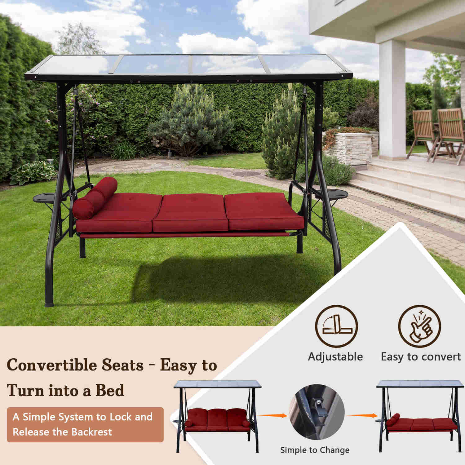 Patio Porch Swings with Adjustable PC Canopy, 3 Cushions, 2 Foldable Cup Holders & 4 Pillows, Wine Red