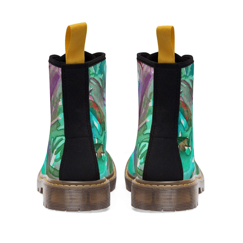 Blue Purple Floral Women's Boots - Vintage Style Combat Hiking Boots