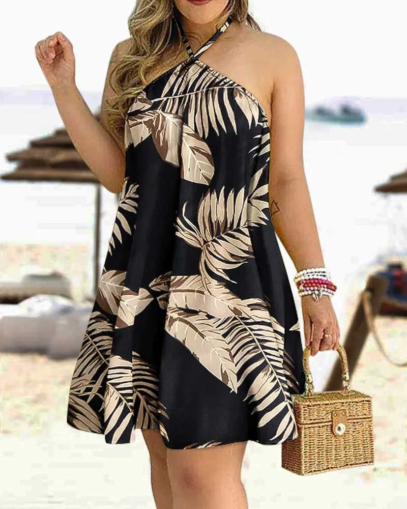 Elegant Off Shoulder Halter Neck Lace Loose Dress for Women