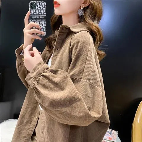 Nukty Long Sleeve Corduroy Fashion Blouse Shirt for Women - Autumn Winter Casual Wear