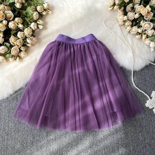 Nukty Sweet Women Mini Skirt Mesh Solid Tiered Ruffles Elastic Waist A-line Tulle Skirt
