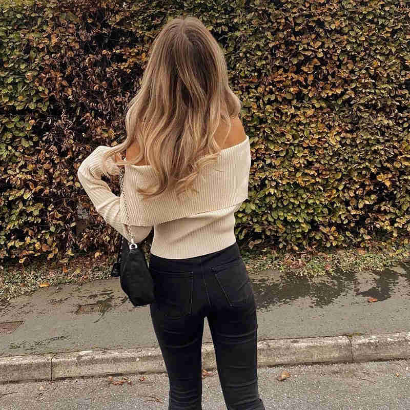 Cryptographic Chic Off Shoulder Ribbed Knit Women's Top - Long Sleeve Cropped Streetwear
