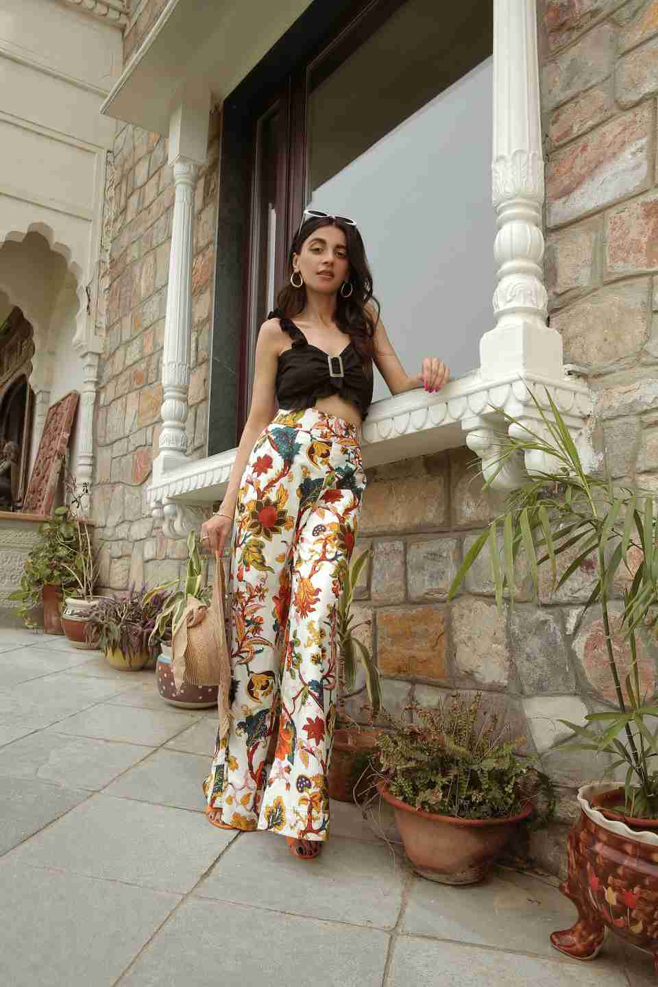 Sweetheart Neck Ruffled Jet Black Top With Flared Pants
