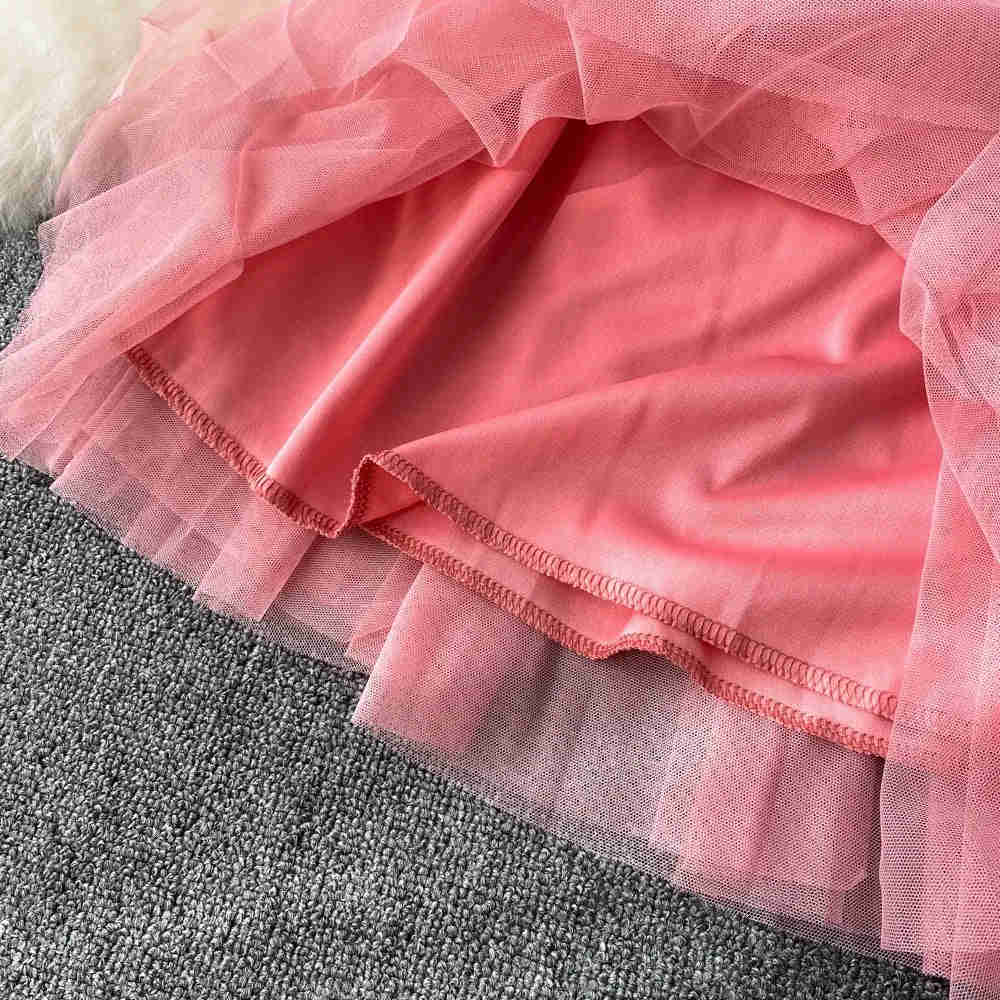 Nukty Sweet Women Mini Skirt Mesh Solid Tiered Ruffles Elastic Waist A-line Tulle Skirt